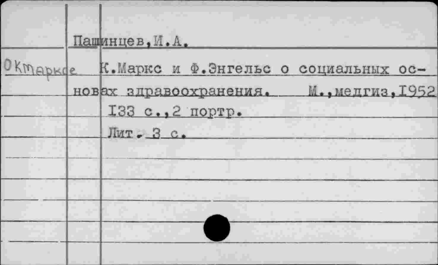 ﻿	Паш	янцев.И. А.
	е	<.Маркс и Ф.Энгельс о социальных ос-
г	ЛОЗ	ах здравоохранения.	М.,мелгиз,1452
		133 с.,2 порто.
		Лит., й с.
		
		
		
		
		
		